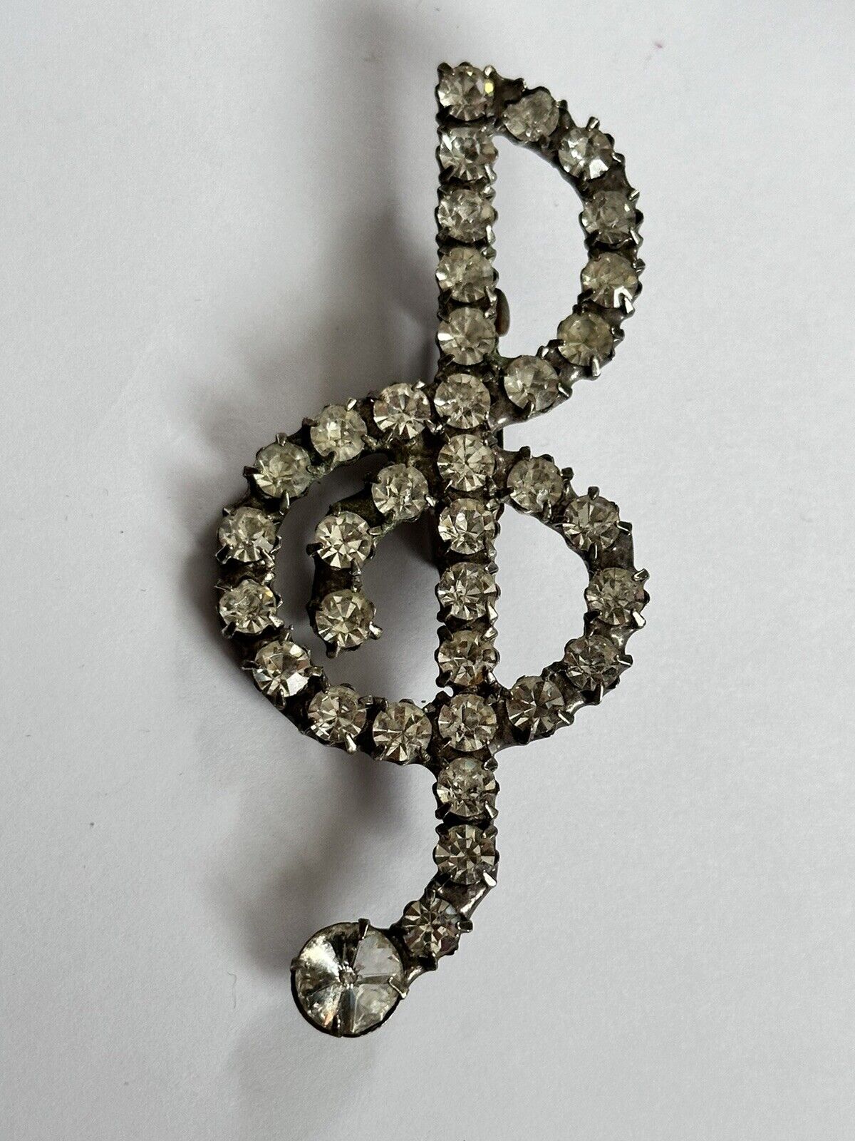Vintage Silver Tone Musical Note Clef Paste Brooch