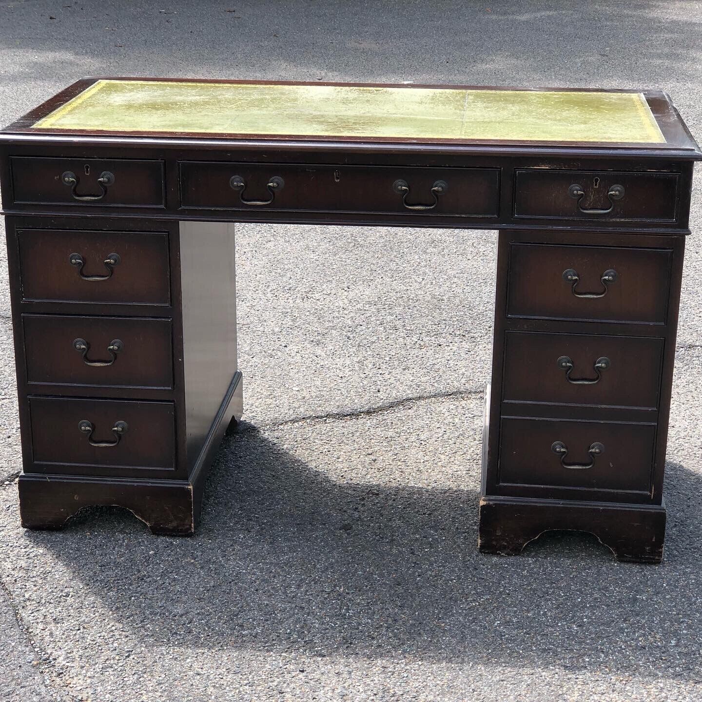 Mahogany Pedestal Desk With Green Leather Top. ANTIQUES CHIC