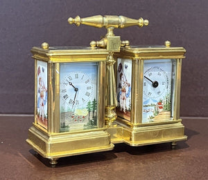 Double Carriage Clock & Barometer, With Decorated Porcelain Panels. With Key