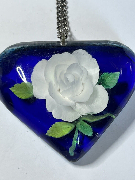 Vintage Reverse Carved White Rose Statement Pendant Necklace