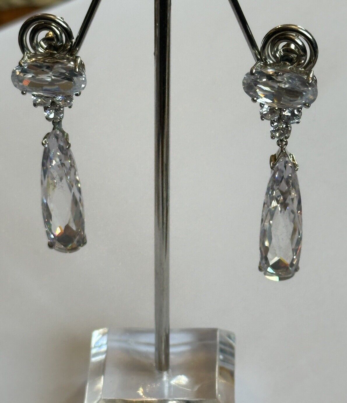 Vintage 1980s Rhodium Plated Clear Crystal Drop Earrings New Old Stock