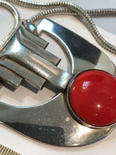 Silver Tone Metal And Red Cabochon Necklace