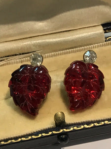 Vintage Lucite Paste Clip On Earrings Red Leaf
