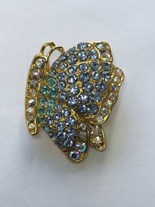 Vintage Gold Tone Butterfly Blue Diamanté Brooch