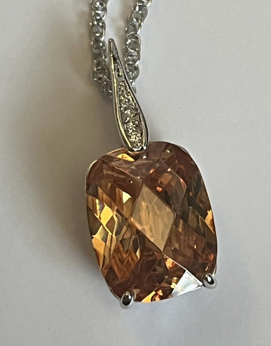 Vintage 1980s Rhodium Plated Solitaire Orange Crystal Necklace New Old Stock