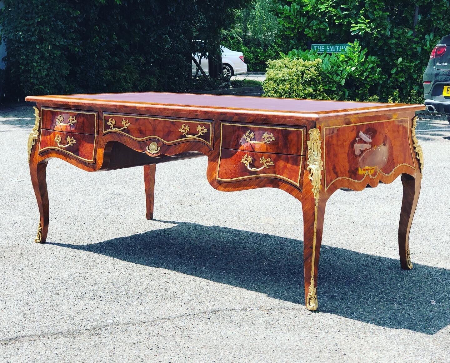 Presidential Desk, Inlaid Kingswood With Brass Decoration, Very Impressive.