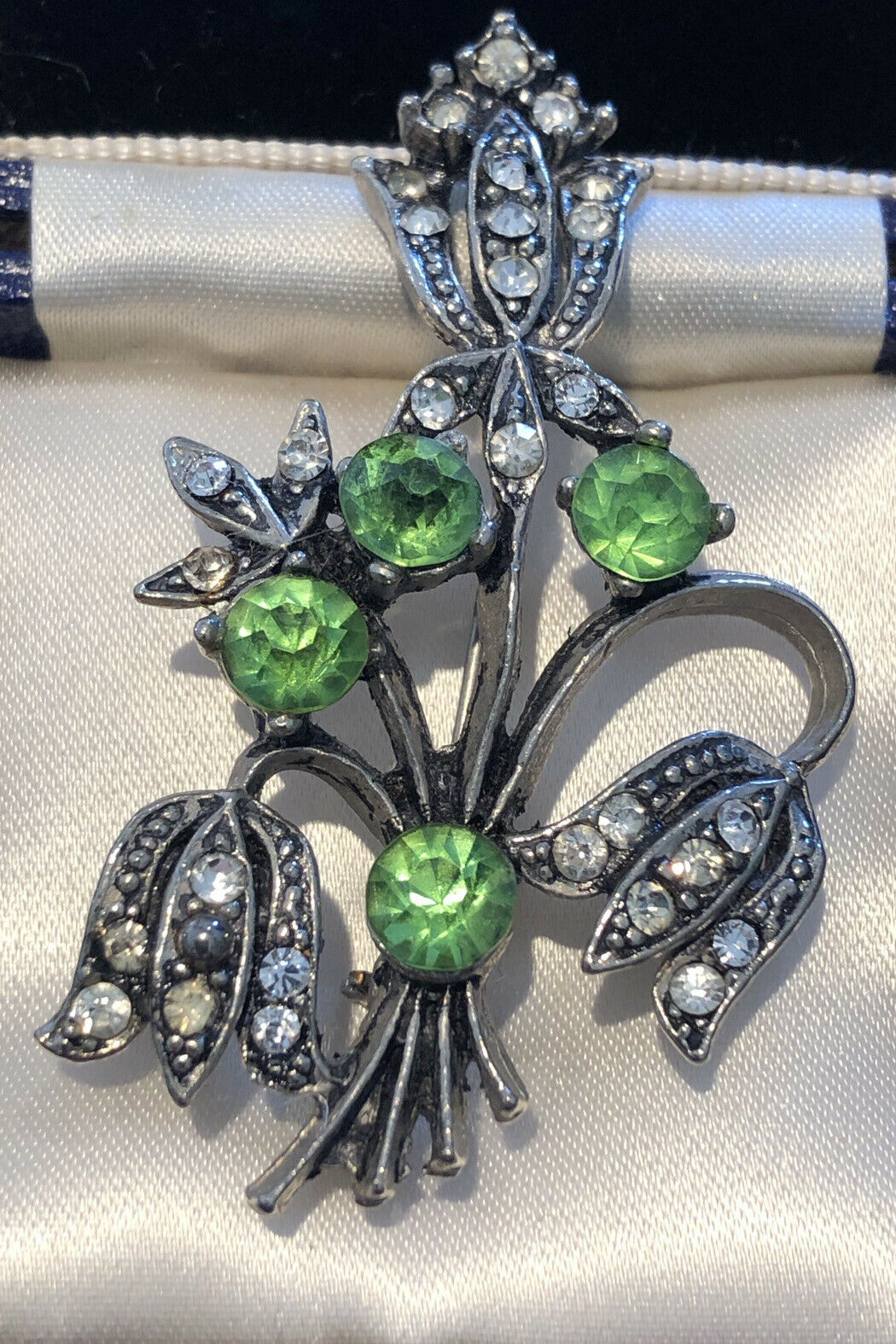 Vintage Silver Tone Green Clear Paste Flower Brooch