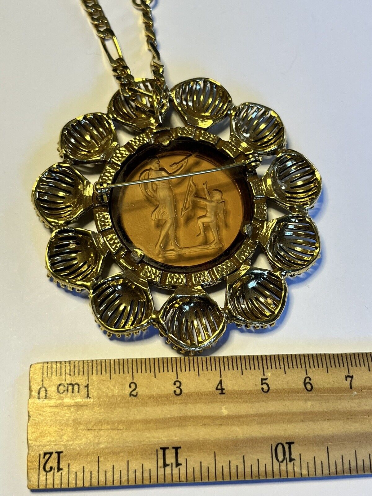 Vintage Gold Plated Etched Glass Pendant Brooch 18K Plated Chain