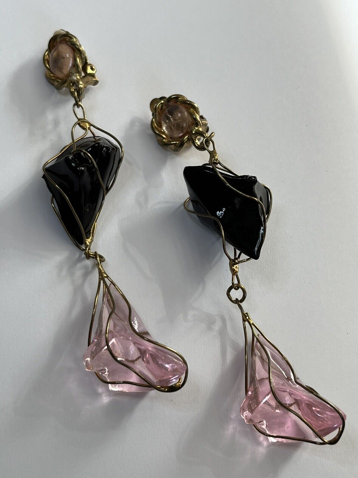 Vintage 1980s Black Pink Acrylic Long Length Statement Earrings