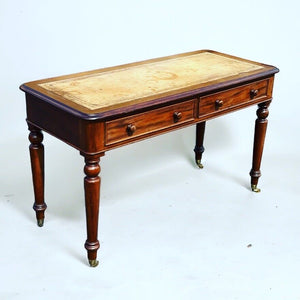 Victorian Mahogany Desk, Brass Castors, Tan Leather With Gold Tooled Top.