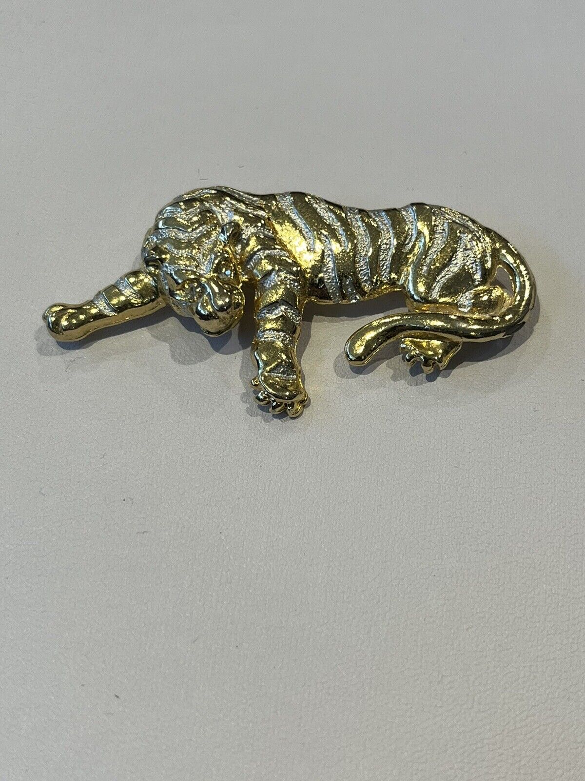 Vintage Gold Silver Tone Tiger Brooch