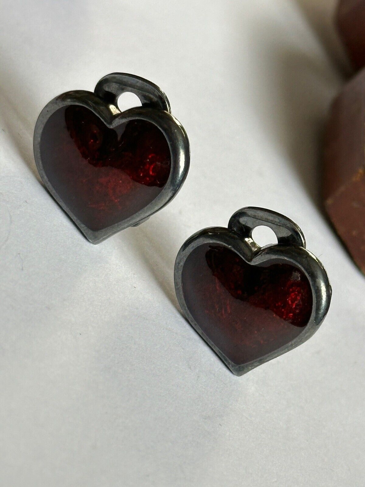 Vintage Red Enamel Heart Clip On Earrings