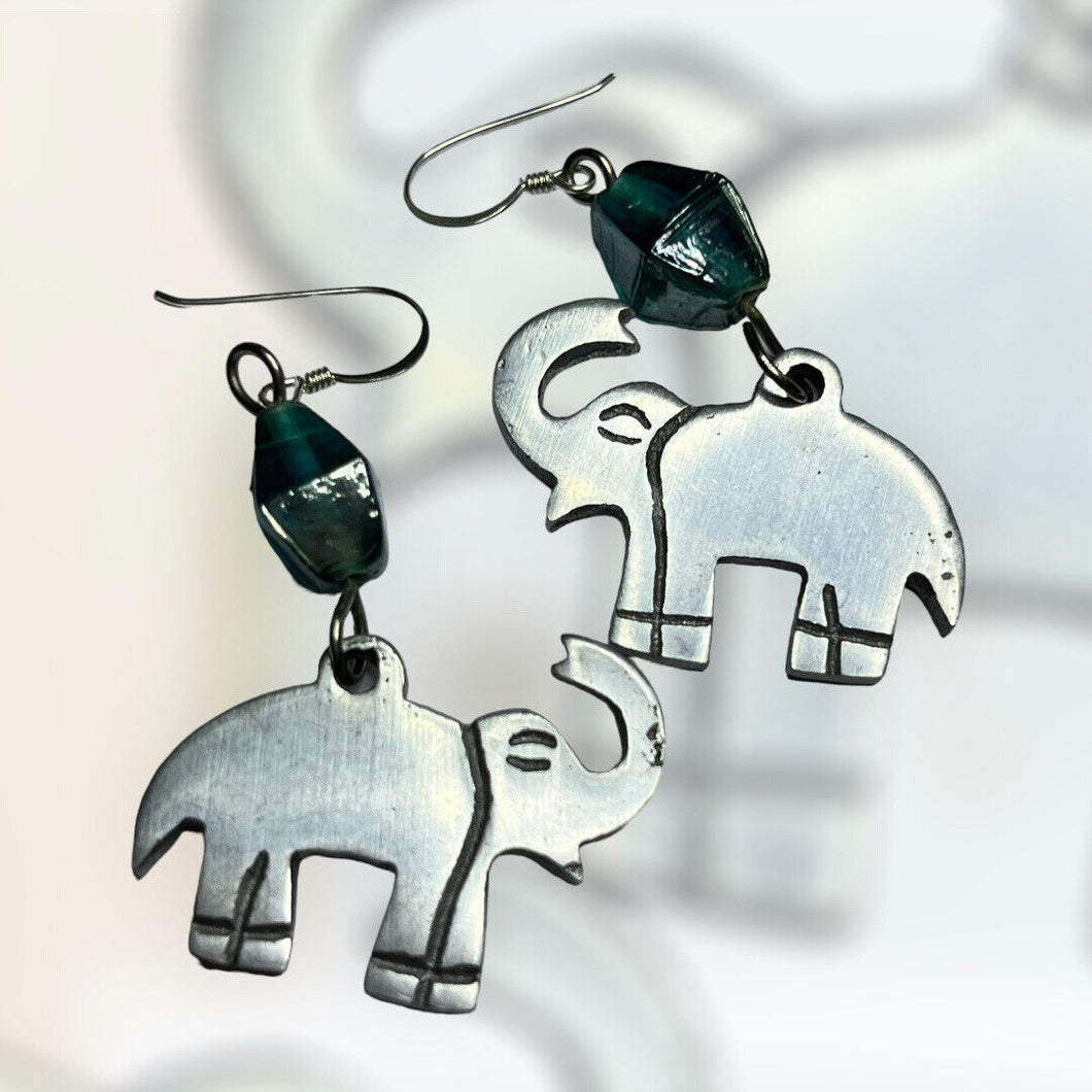 Vintage Silver Tone Elephant Drop Earrings