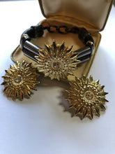 Vintage Sunburst Diamanté Gold Tone Leather Bracelet Clip On Earring Set