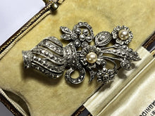 Vintage Silver Tone Marcasite Faux Pearl Flower In Vase Brooch