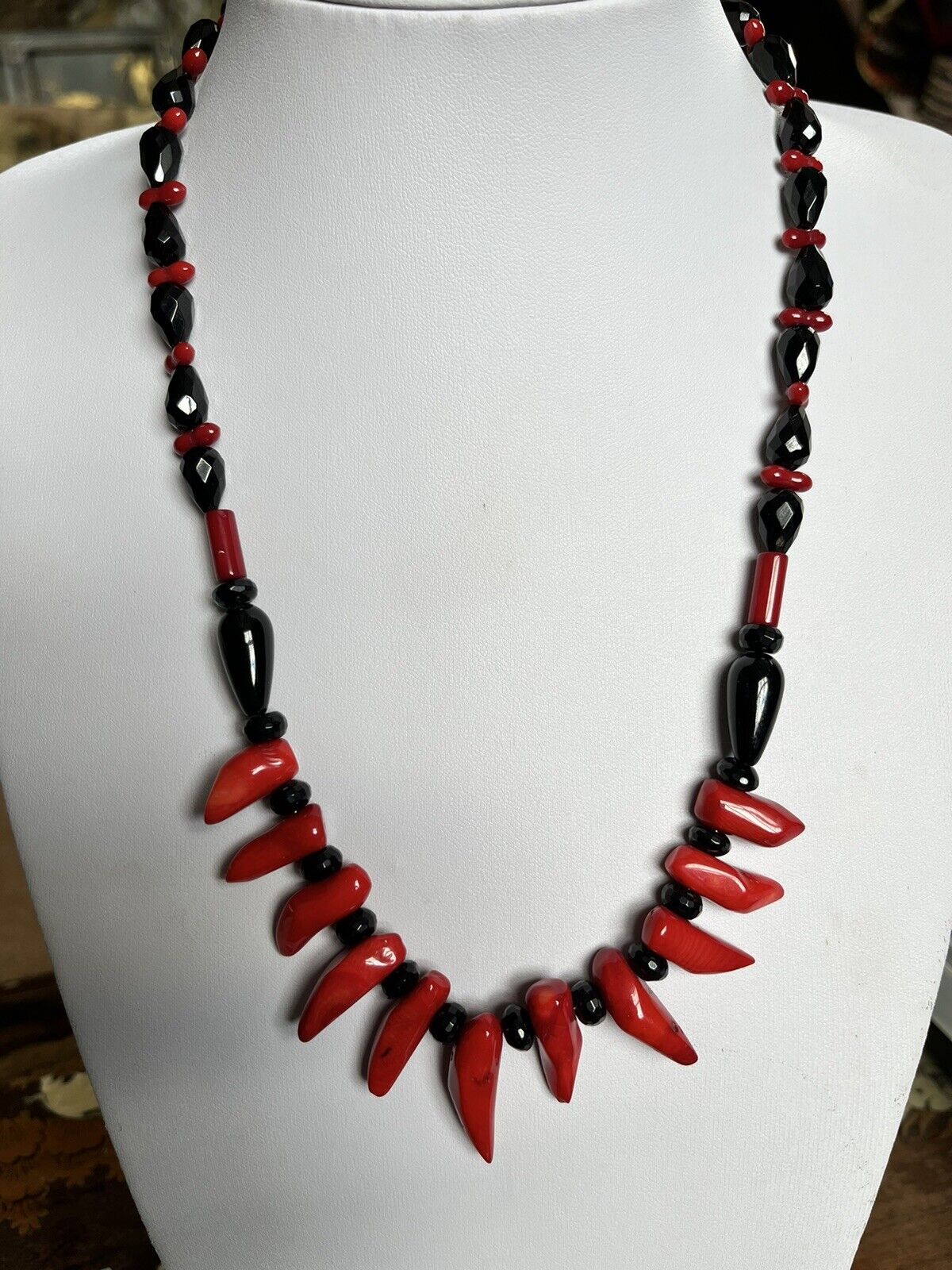 Vintage Red Coral Black Glass Beaded Necklace