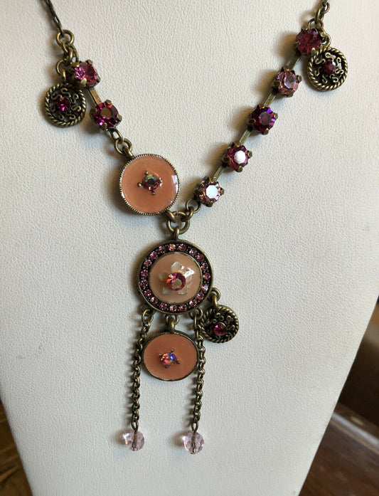 Vintage Pink Diamanté Enamel Drop Necklace