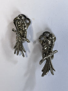 Vintage Silver Tone Marcasite Parrot Clip On Earrings