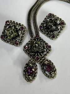 Vintage Confetti Lucite Purple Paste Necklace Clip On Earring Set