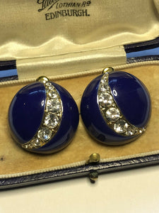 Vintage Moon Blue Enamel Diamanté Pierced Earrings