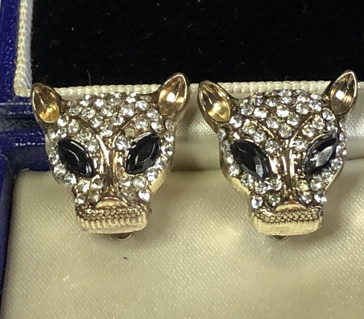 Vintage Jaguar Leopard Diamanté Clip On Earrings