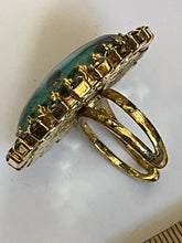Vintage Gold Plated Turquoise Gold Murano Glass Statement Adjustable Ring