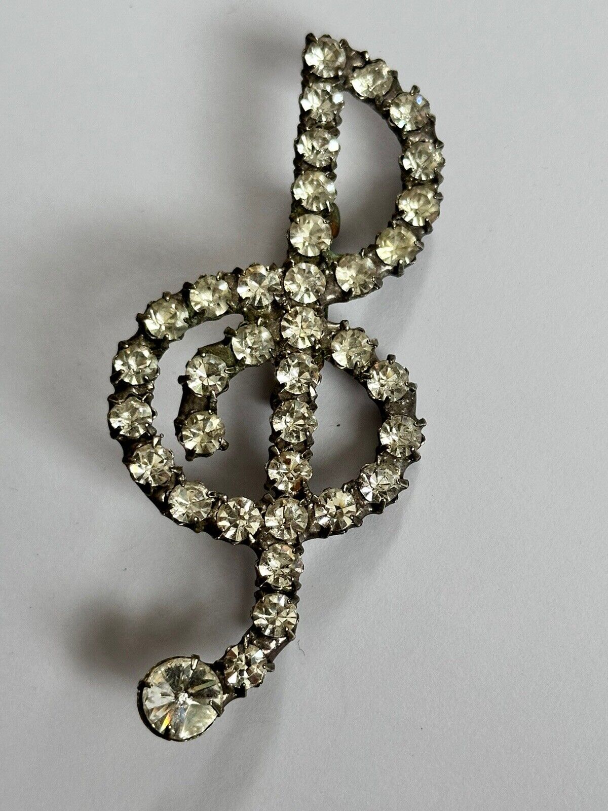 Vintage Silver Tone Musical Note Clef Paste Brooch