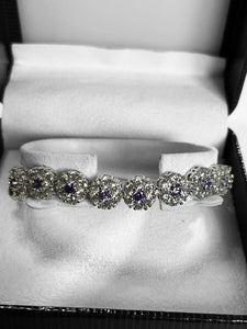 Vintage Rhodium Plated Purple Clear Diamanté Flowers Bracelet New Old Stock