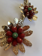 Vintage Statement 1980s Gold Tone Red Flowers Necklace