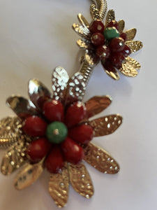 Vintage Statement 1980s Gold Tone Red Flowers Necklace