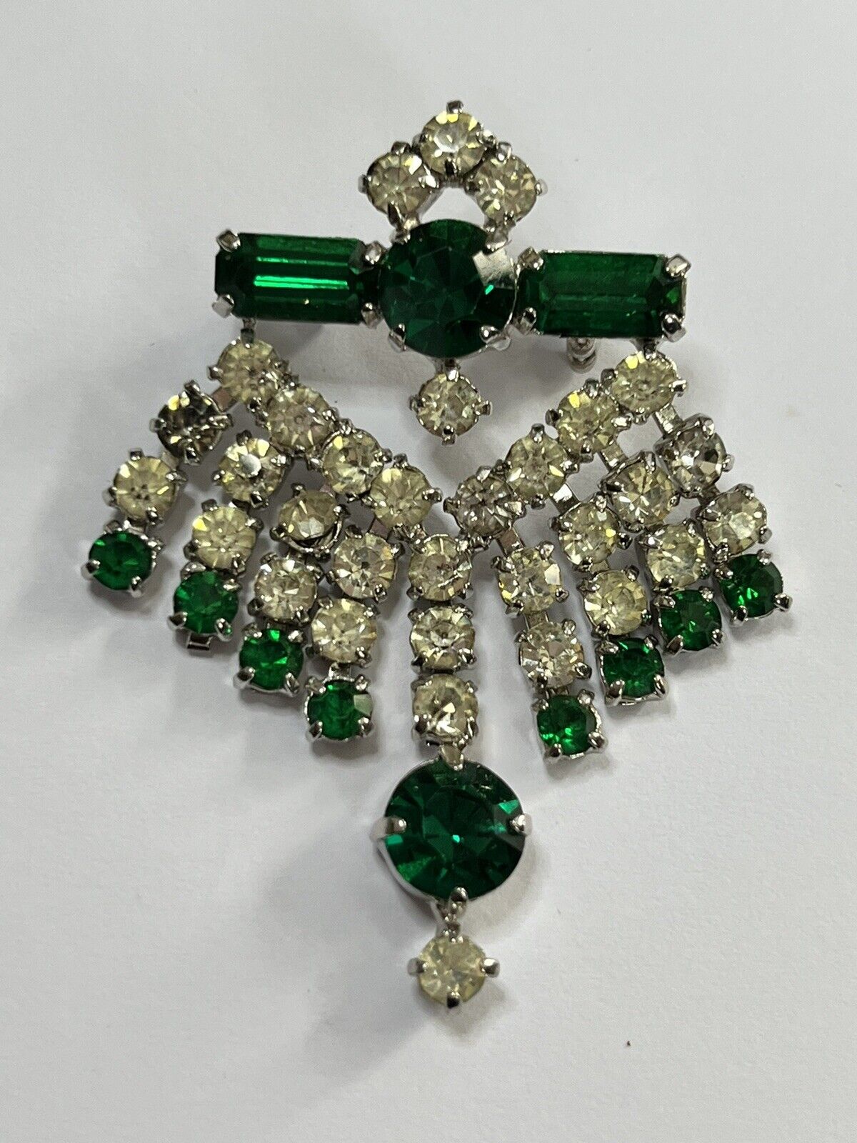 Vintage Silver Tone Green White Paste Brooch