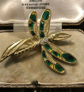 Vintage Gold Tone Diamanté Enamel Dragonfly Brooch