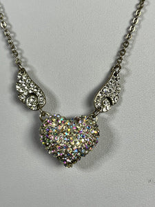 Vintage Heart Angel Wings Multicoloured Diamanté Necklace