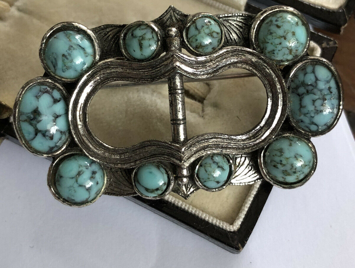 Vintage Silver Tone Faux Turquoise Brooch