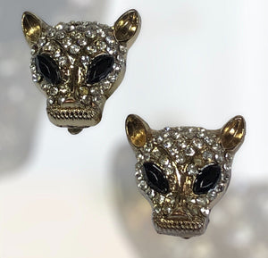 Vintage Jaguar Leopard Diamanté Clip On Earrings