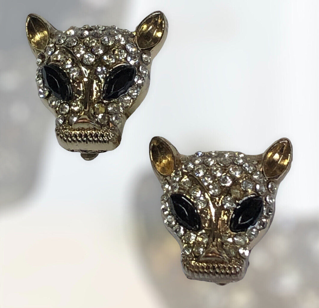 Vintage Jaguar Leopard Diamanté Clip On Earrings