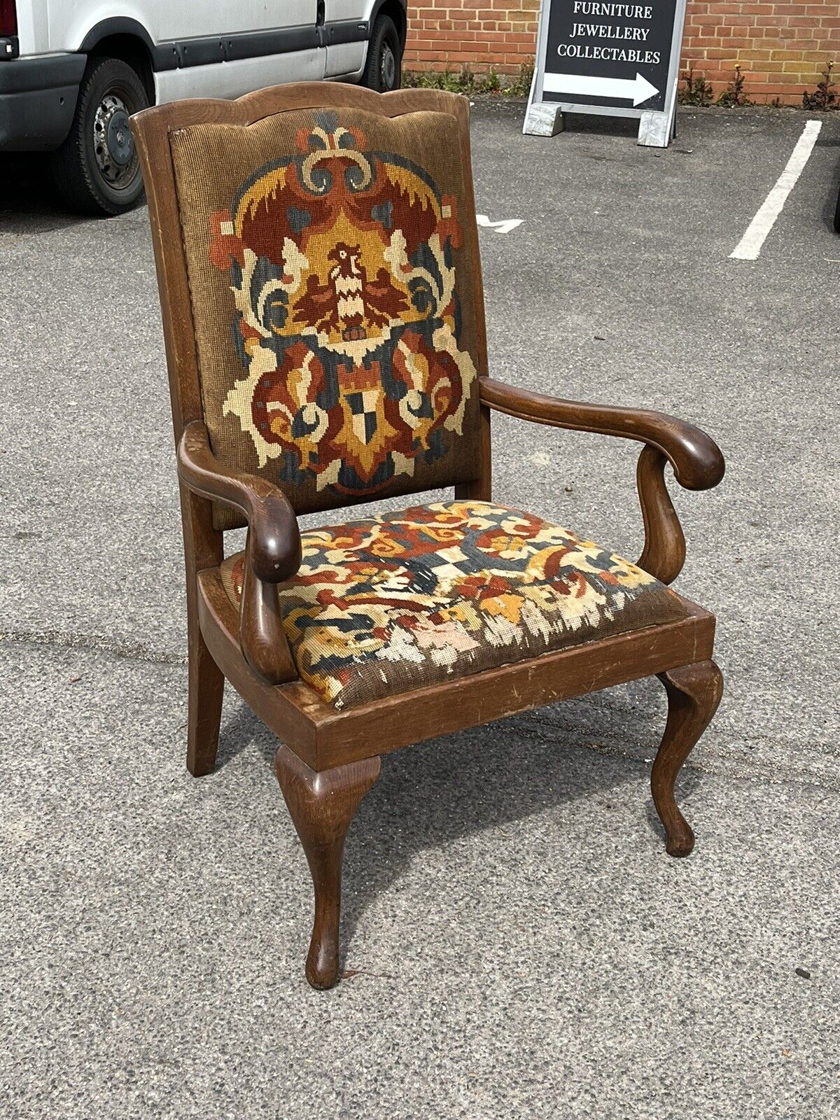 Victorian Oak Gentlemans Library Armchair With Coat Of Arms Tapestry.