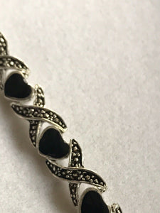 Vintage Silver Tone Black Enamel Hearts Bracelet
