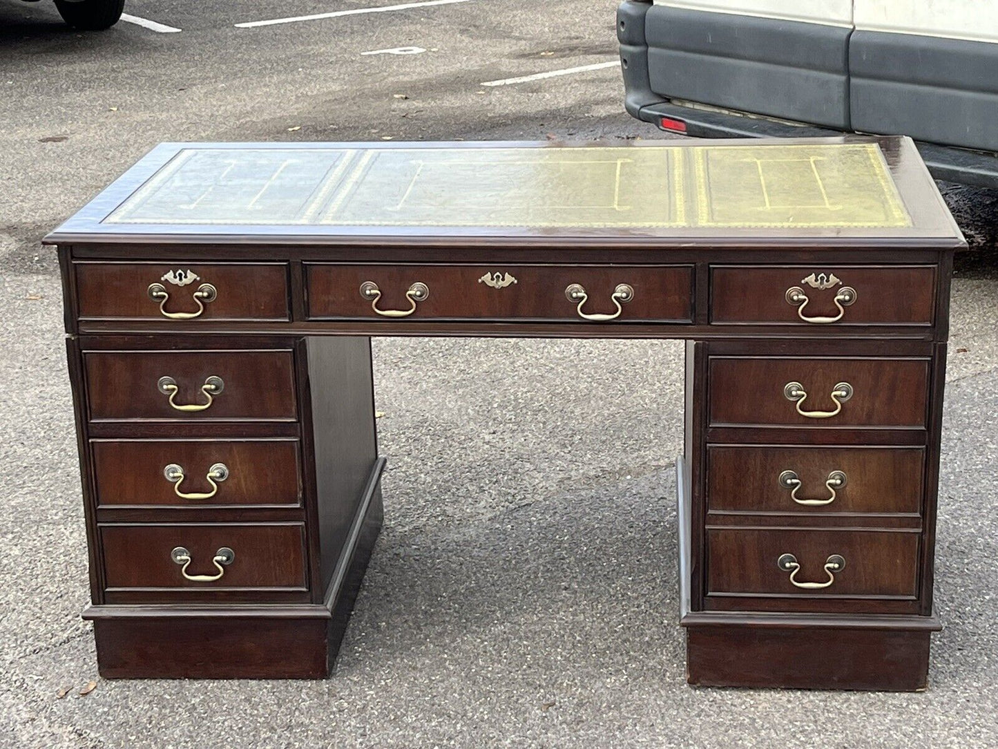 Pedestal Desk With Green Leather Top.