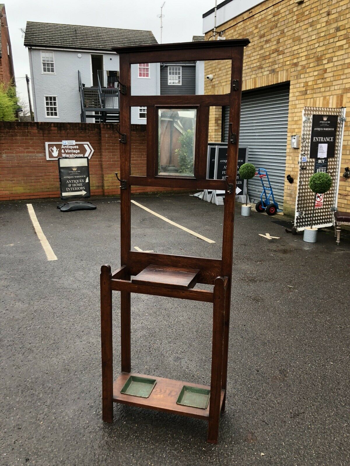 Edwardian Oak Coat Stand. Light Oak. Mirror & Drawer With Umbrella Stands.